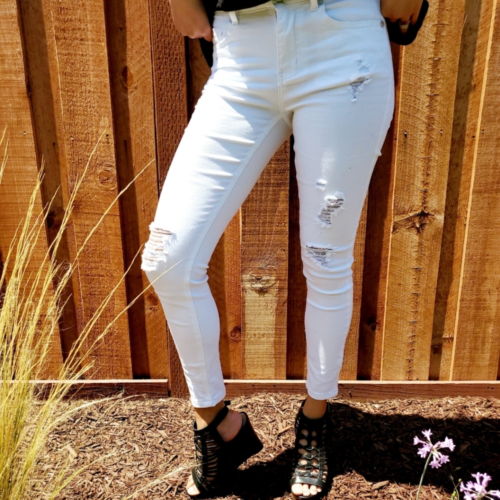White Distressed Cropped Mid Rise Jeans
